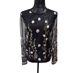 Polly & Esther Sheer Black Floral Embroidered Top Sz M